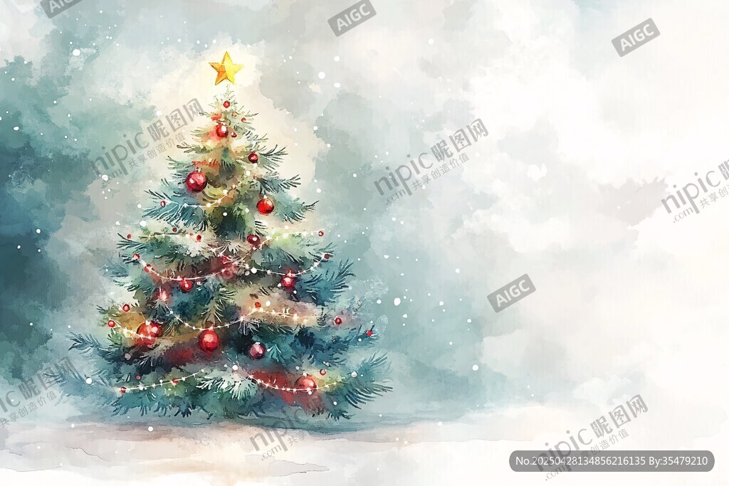 水彩风圣诞树雪景图