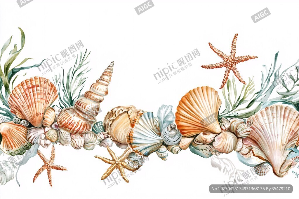 海洋贝壳海星水彩装饰画