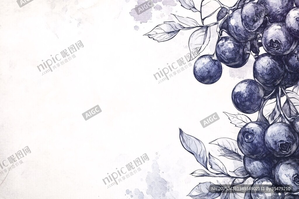 手绘蓝莓枝叶图