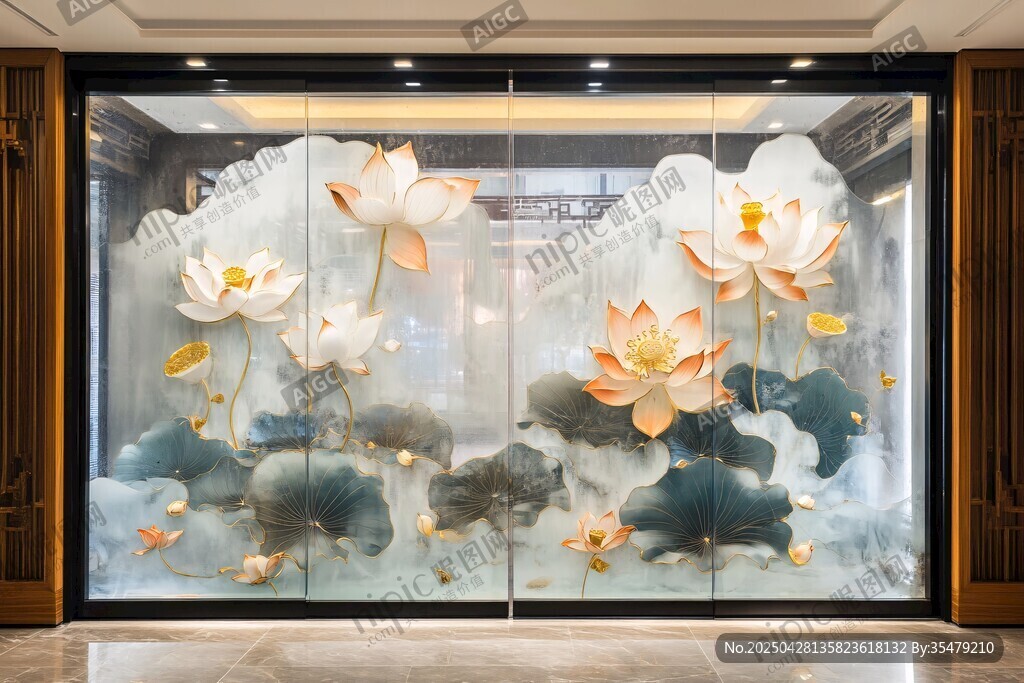 中式荷花玻璃屏风艺术美