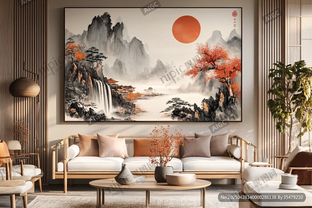 中式客厅 巨幅山水挂画意境美