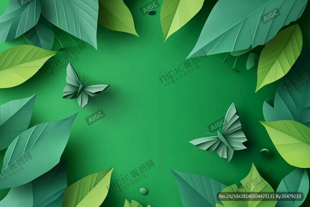 绿叶间的折纸蝴蝶梦幻场景
