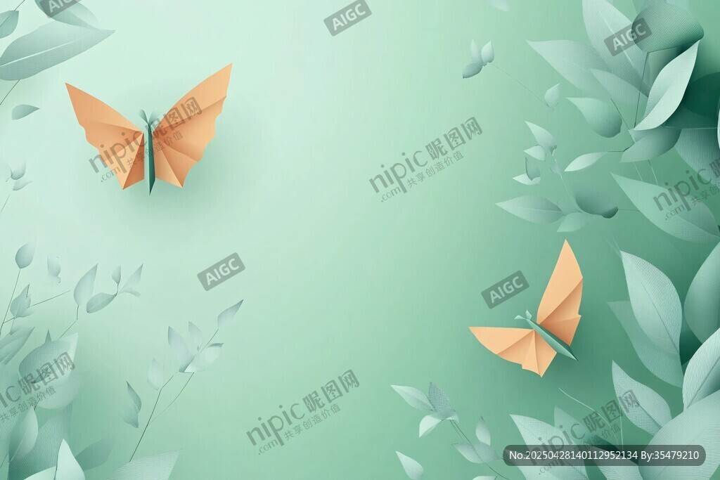 折纸蝴蝶于绿叶间飞舞