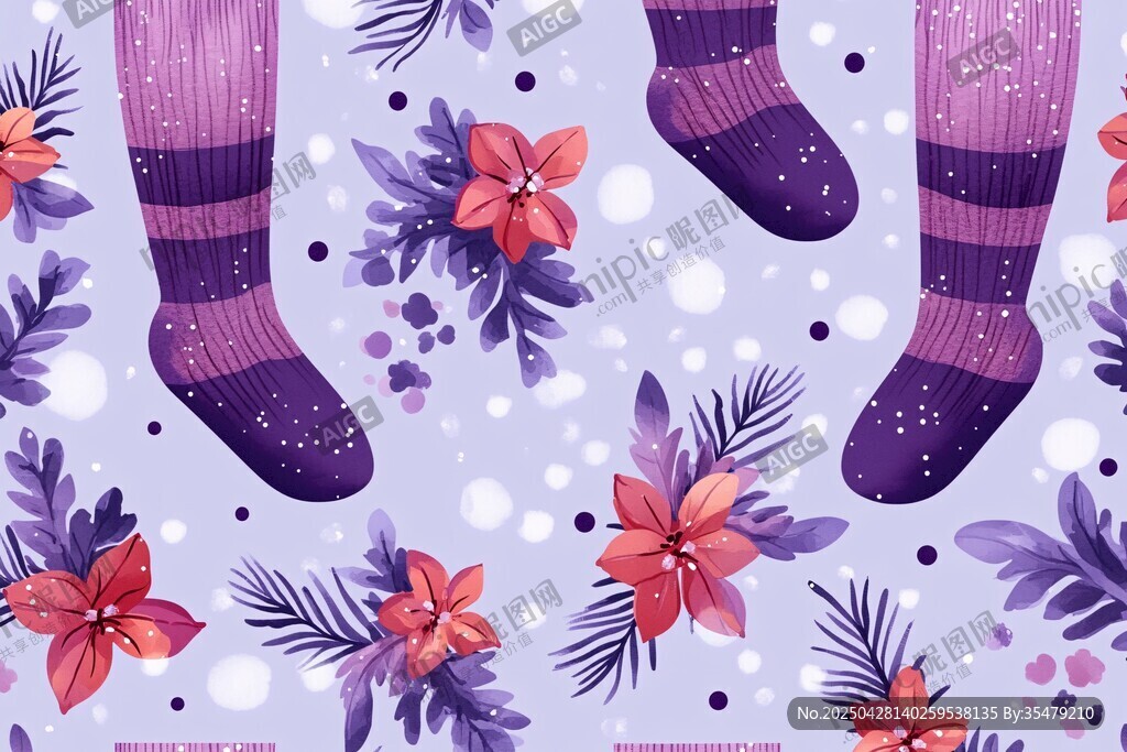 紫色袜子花卉图案插画