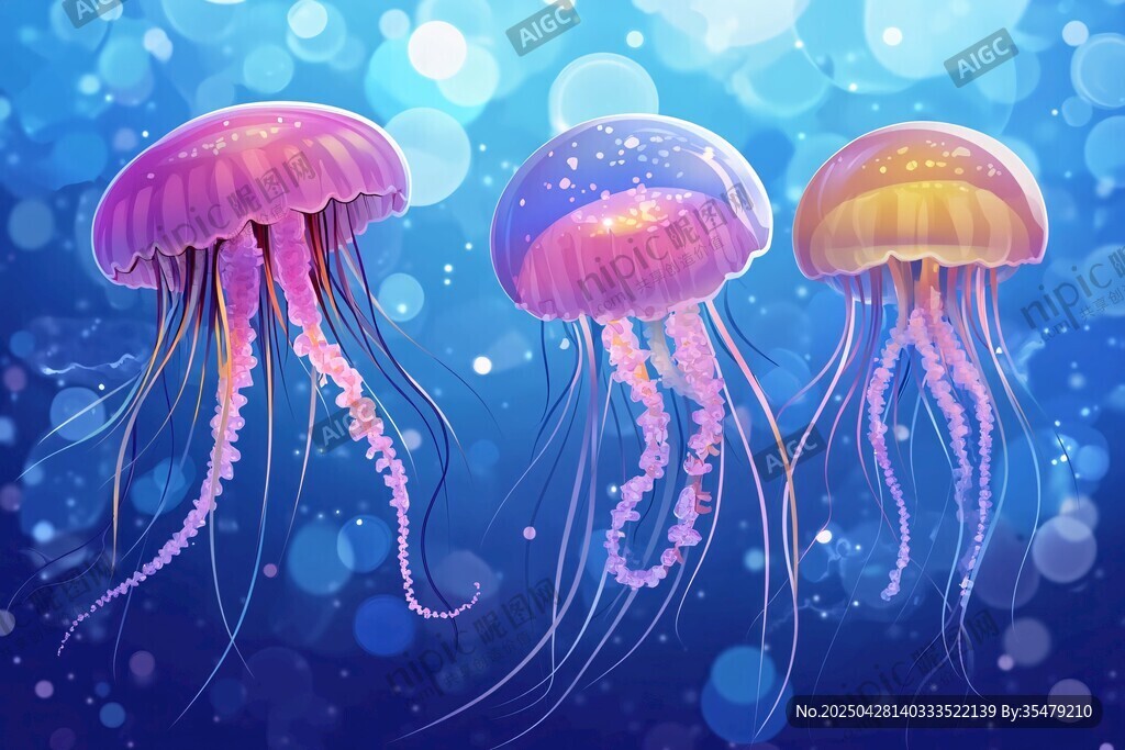 梦幻水母在蓝色海洋中游动