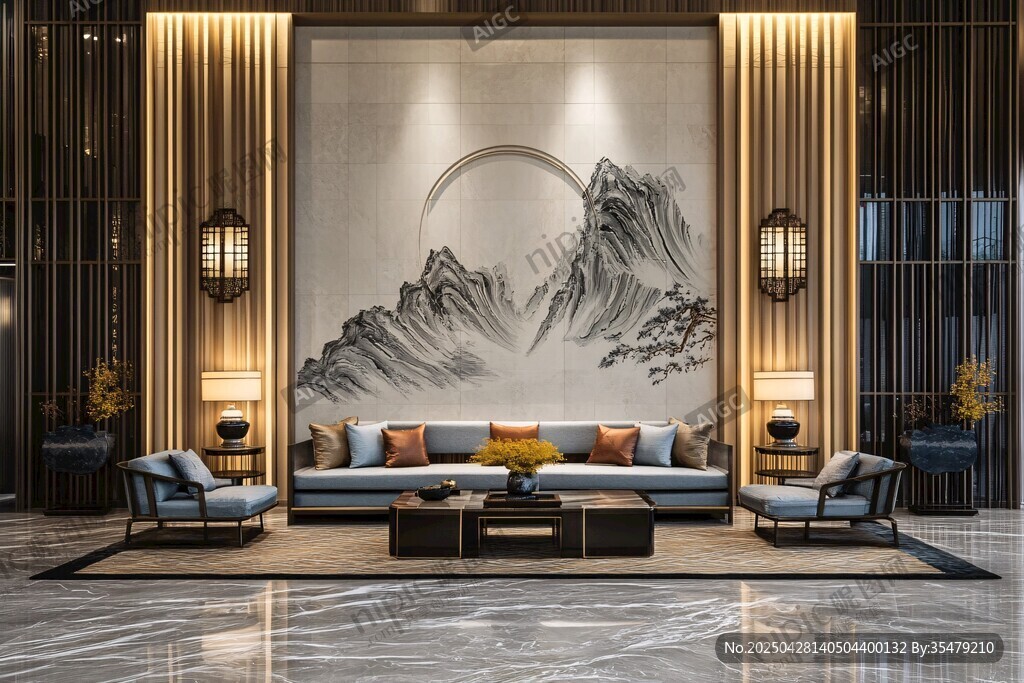 新中式客厅山水壁画装饰