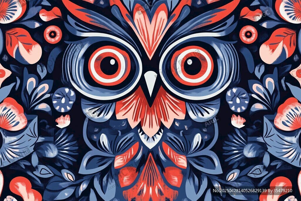 猫头鹰花卉图案精美插画