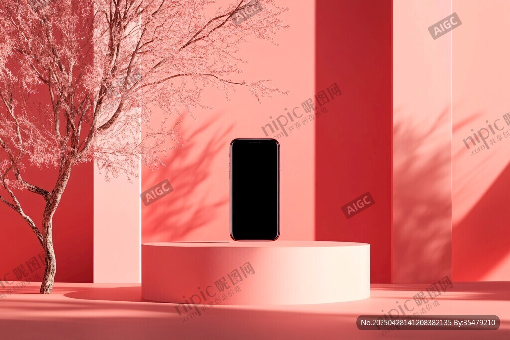 粉色背景中的黑色手机展示