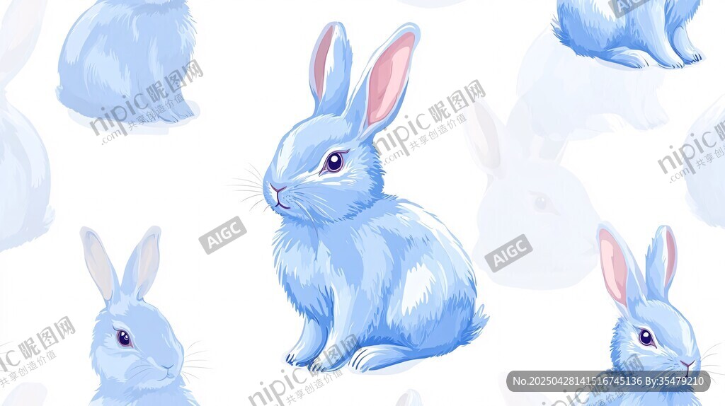 蓝色水彩风可爱兔子图案