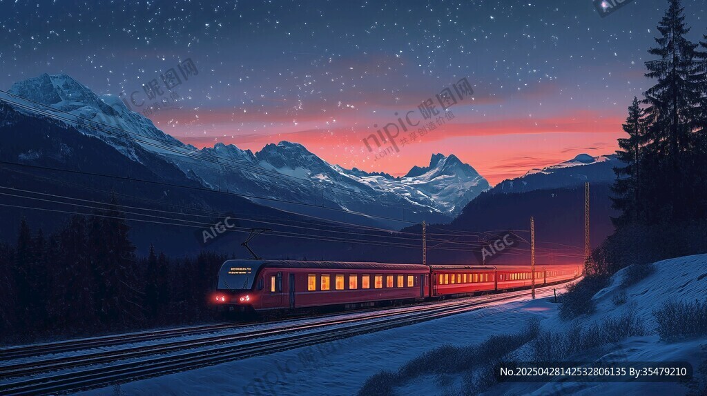 雪山星夜下的疾驰列车