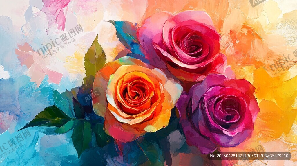 多彩玫瑰油画风花卉图