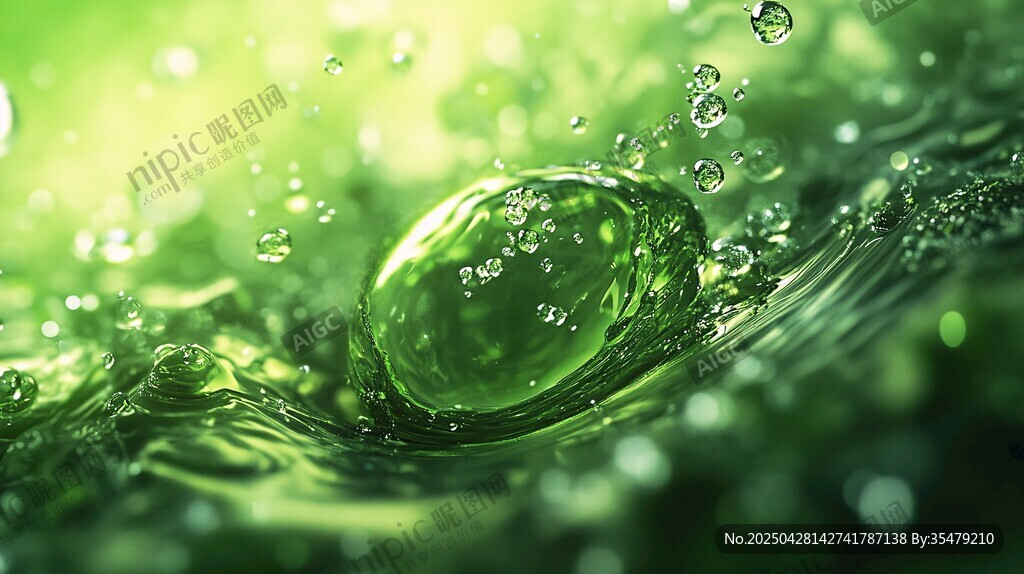 绿色水滴溅起灵动水波纹