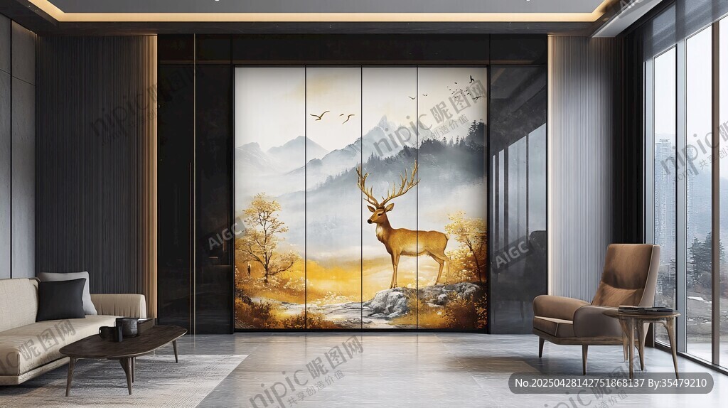 中式山水鹿景客厅装饰画