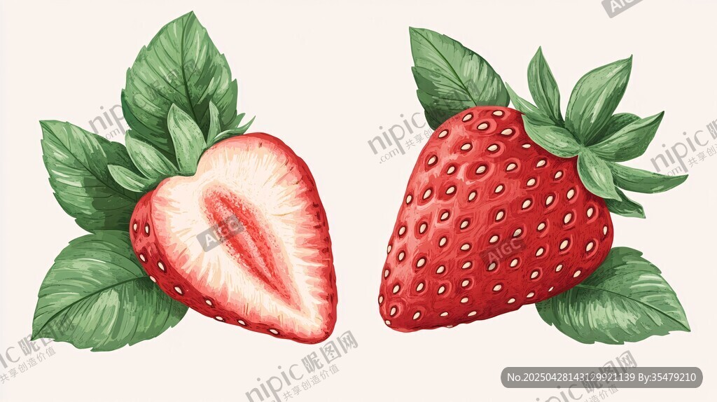 手绘草莓与绿叶插画