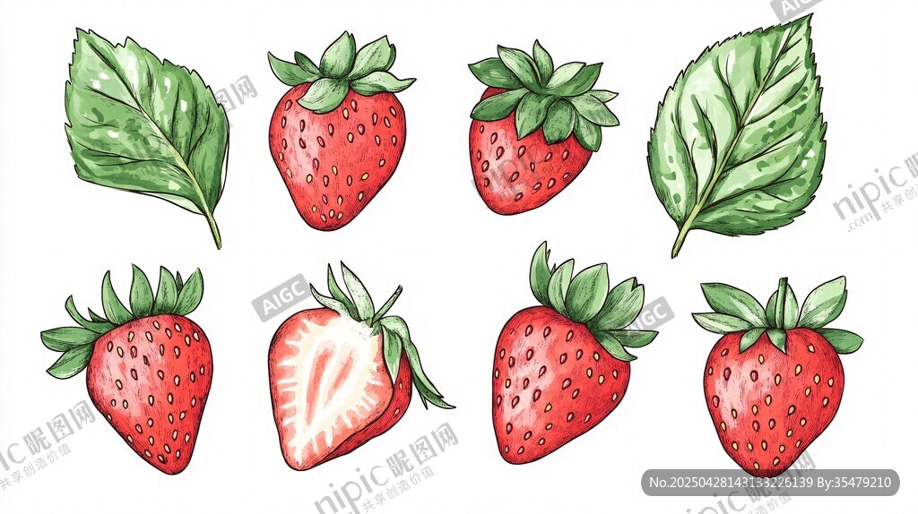 手绘草莓与绿叶插画素材