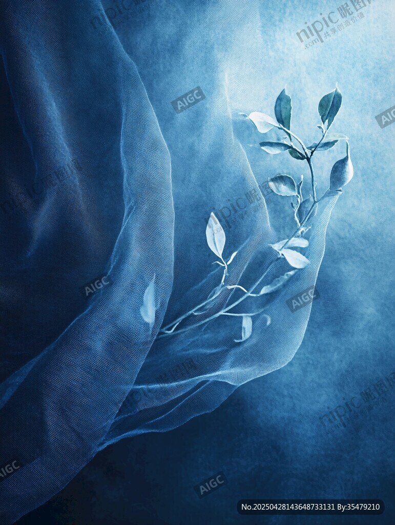 梦幻蓝纱中的清新枝叶