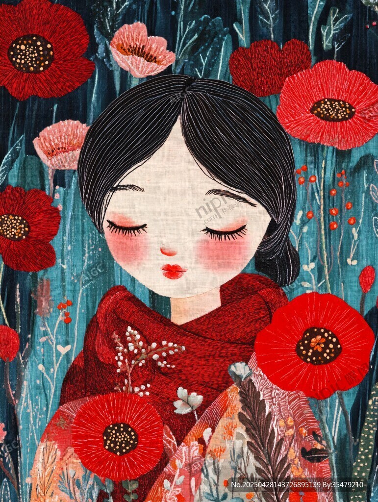 花丛中的恬静女孩