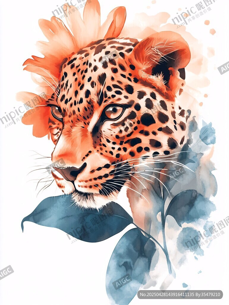 豹与花的梦幻水彩插画