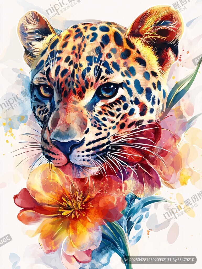 豹与繁花的梦幻水彩绘