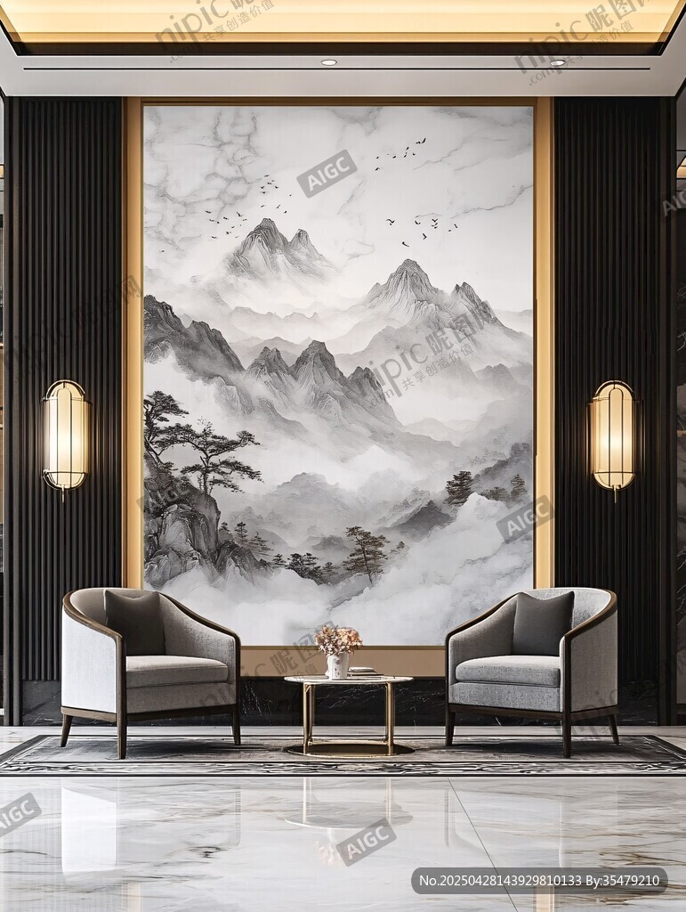 中式客厅山水壁画雅致空间