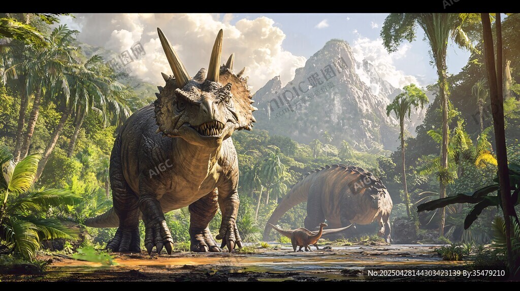 丛林中的三角龙与恐龙群