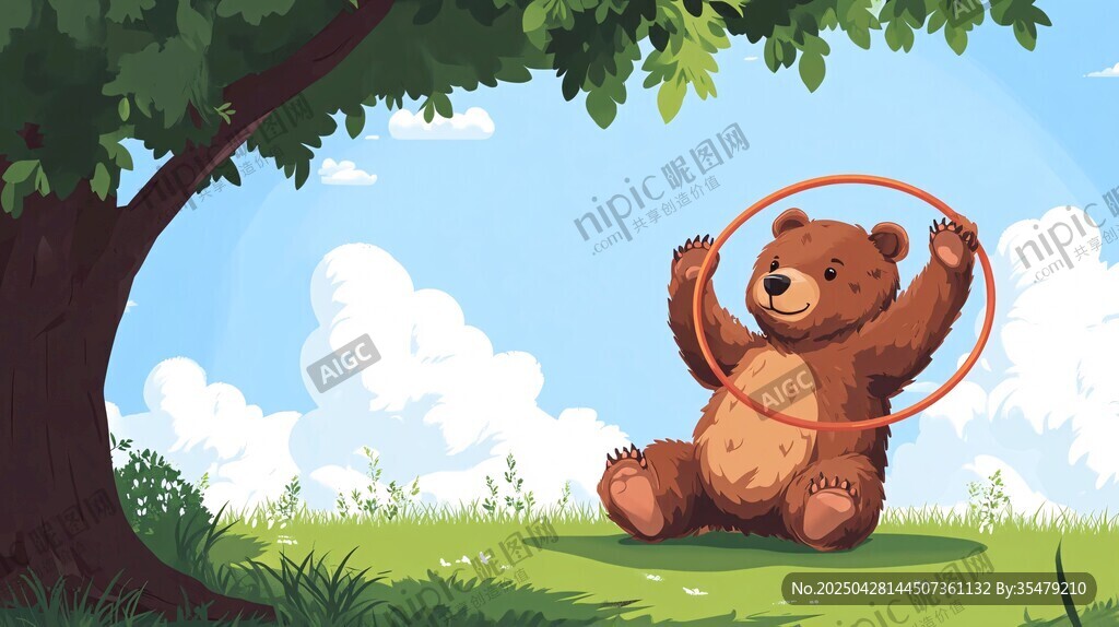 棕熊树下欢乐转呼啦圈