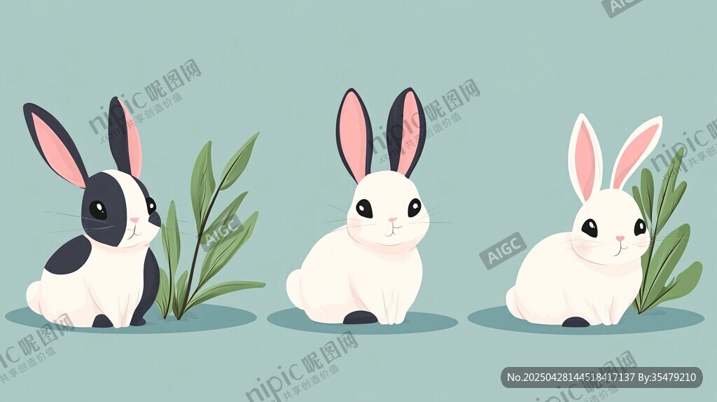 三只可爱兔子与绿植