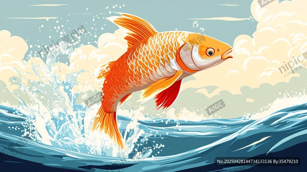 跃起的金鱼在海浪中闪耀