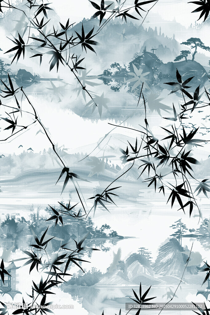 水墨竹叶山水