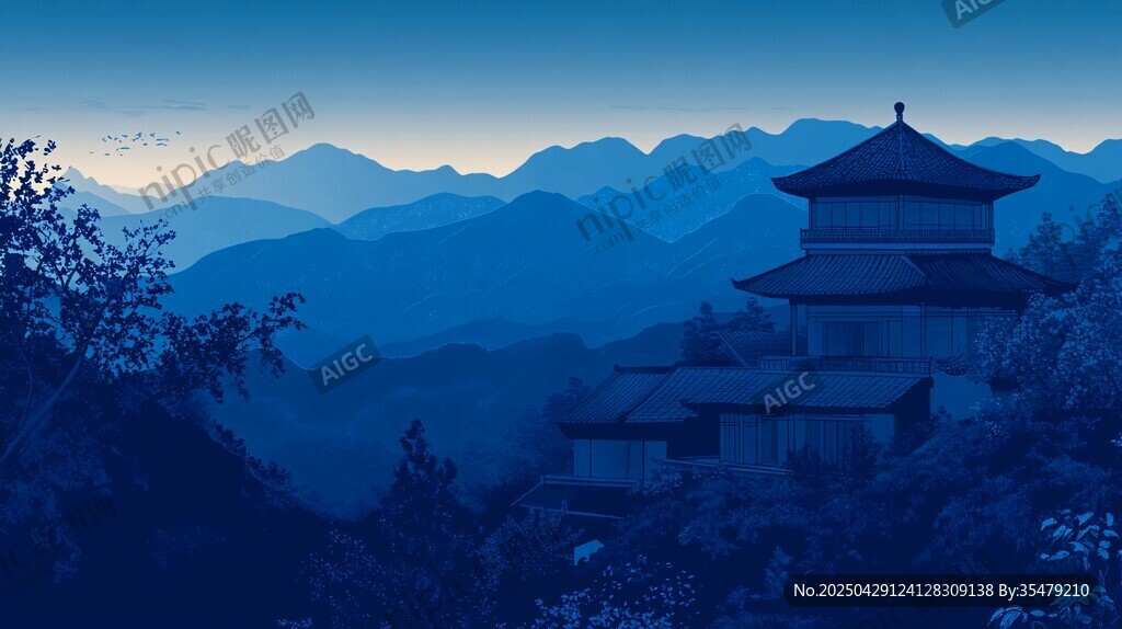 山间古建映于暮色蓝景