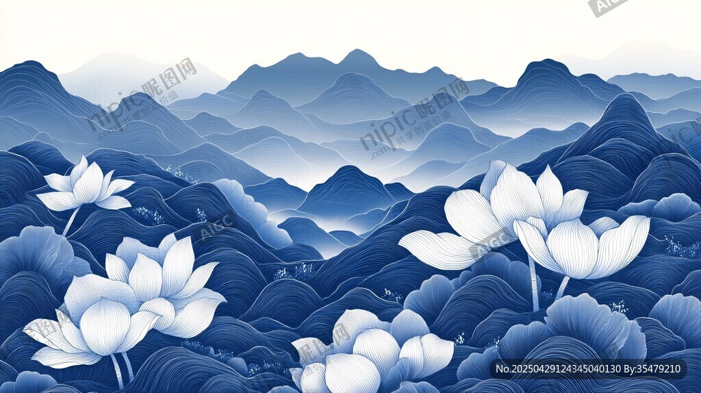 蓝调山水间的清雅荷花