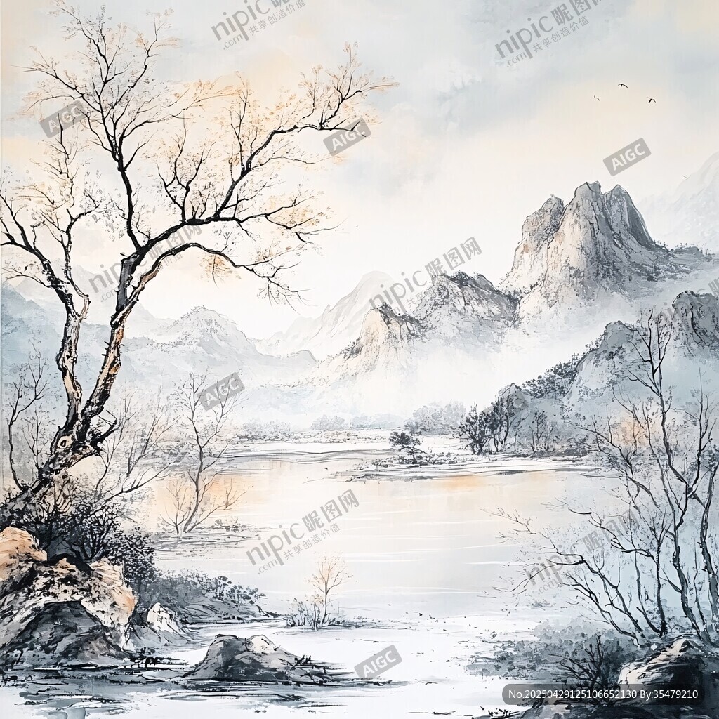 水墨山水 枯树寒江远山峰