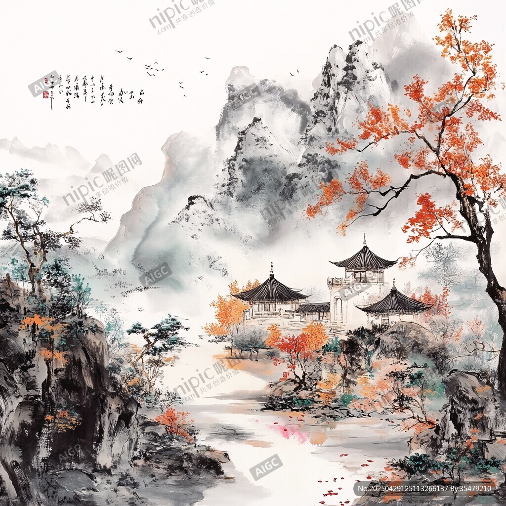 秋韵山水间中式古建筑美景
