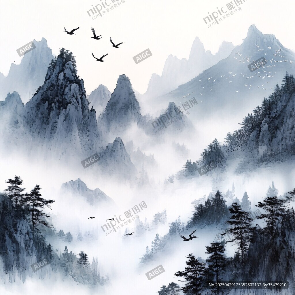 水墨山水间飞鸟伴云雾