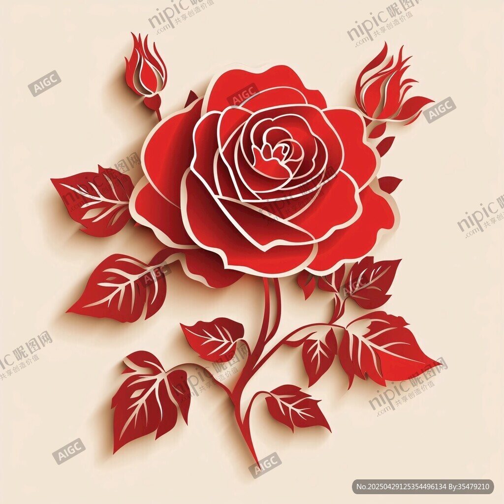 立体剪纸红玫瑰花卉图案