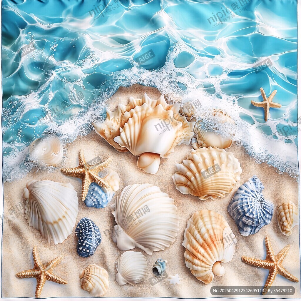沙滩上的贝壳与海浪景观