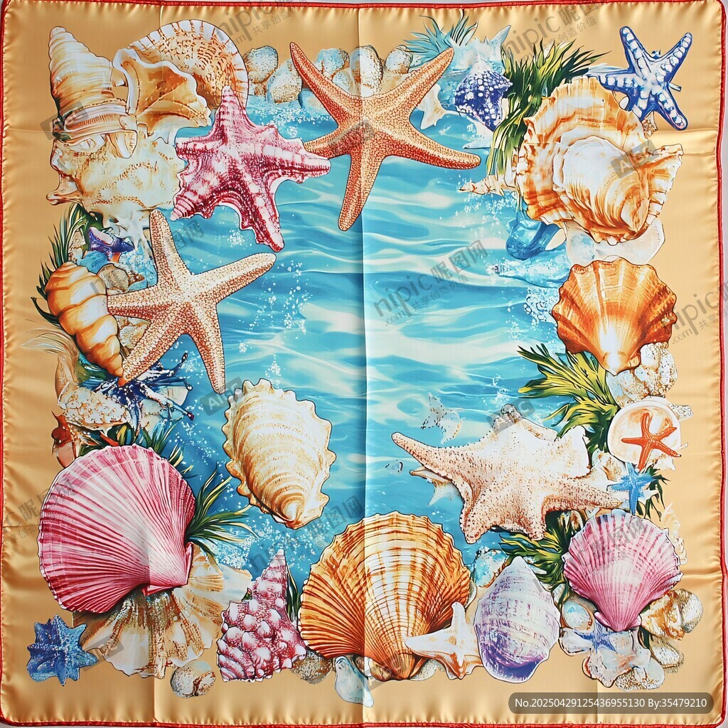 海洋贝壳海星主题精美丝巾
