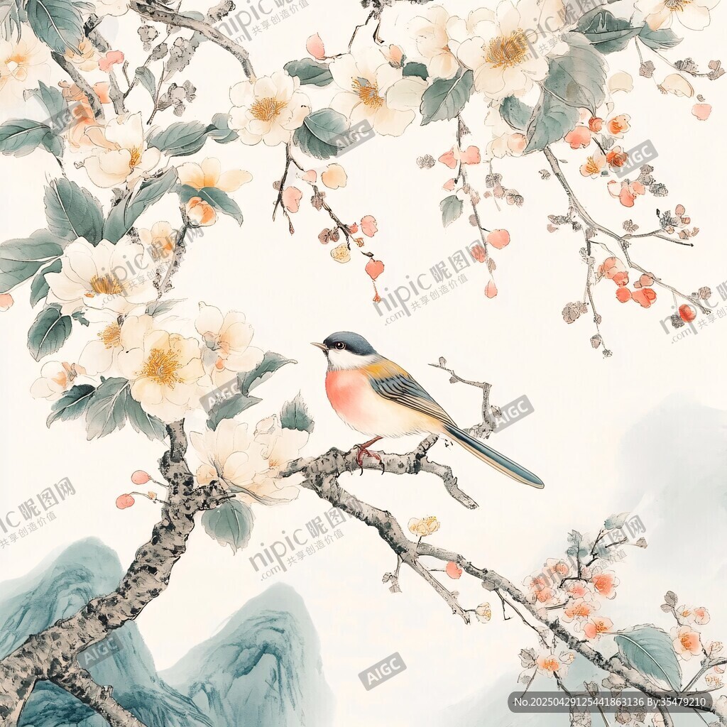花鸟绘景图 鸟栖繁花枝头