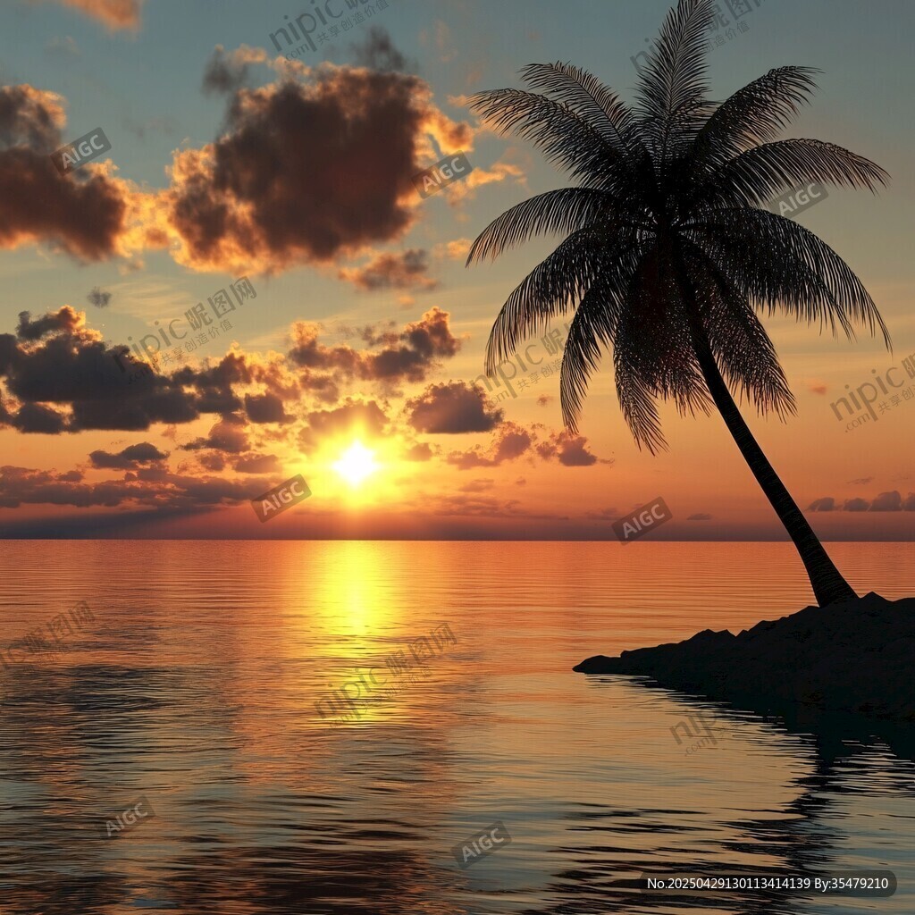 海边椰树夕阳美景
