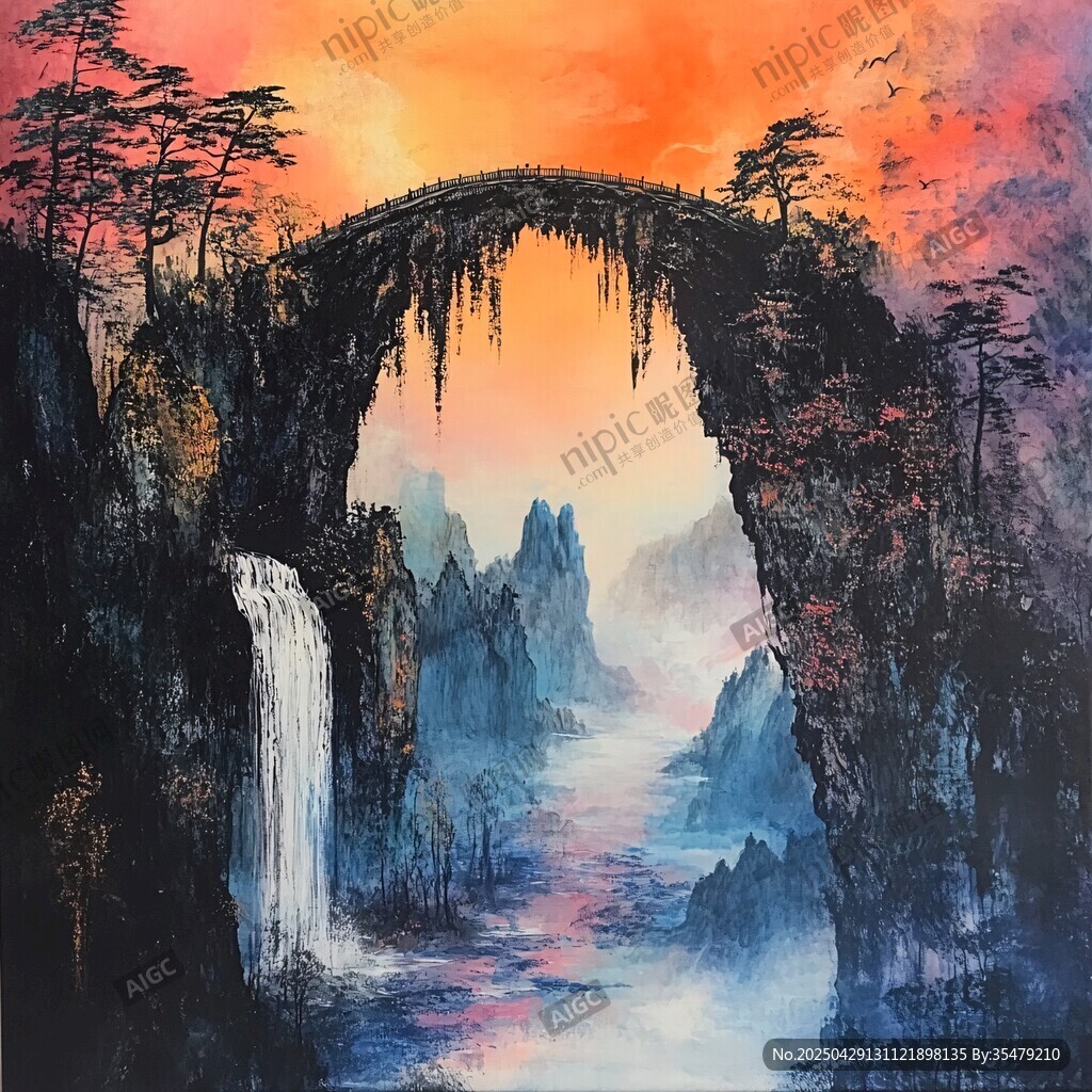 梦幻山水间的拱形石桥