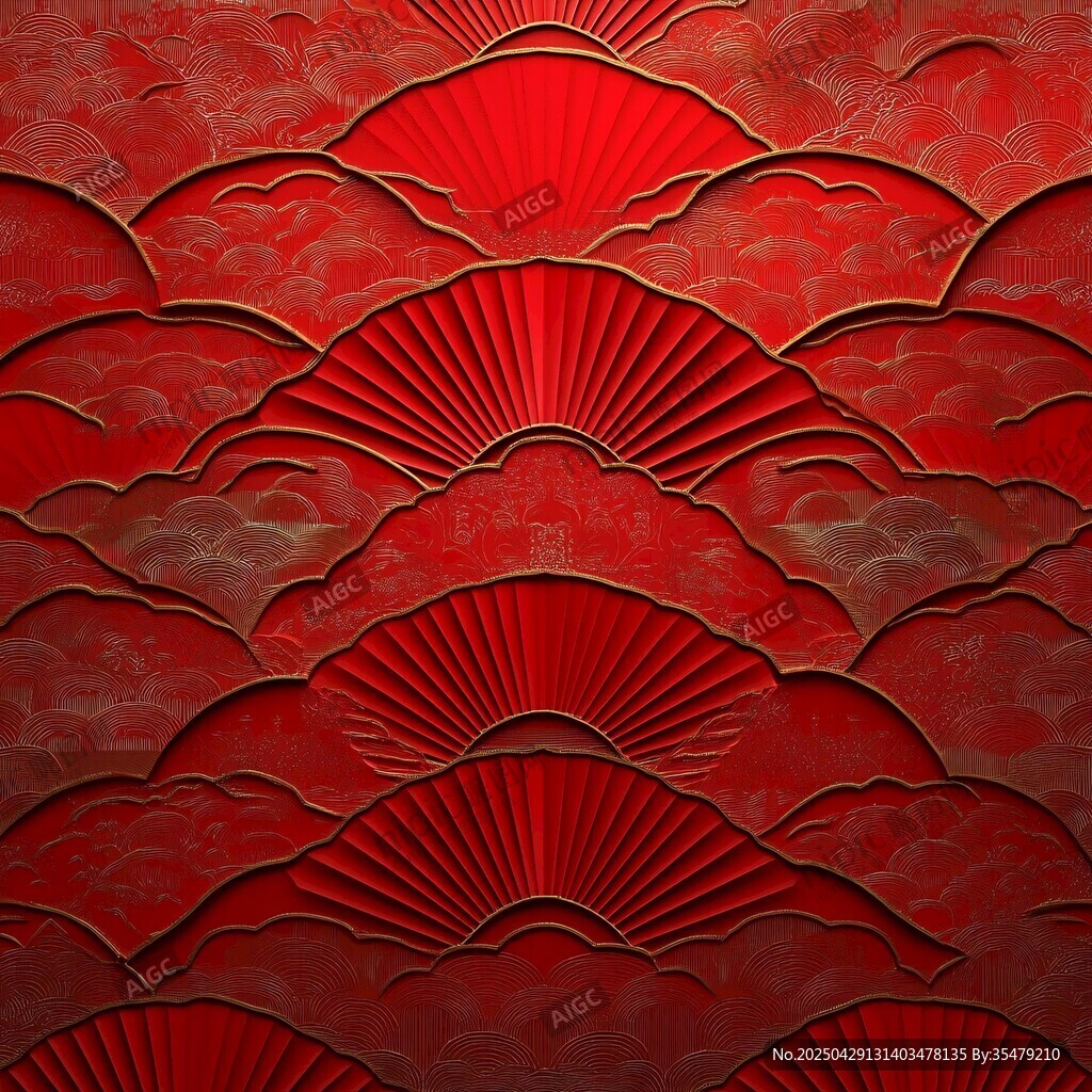 红色扇形云纹立体装饰图案