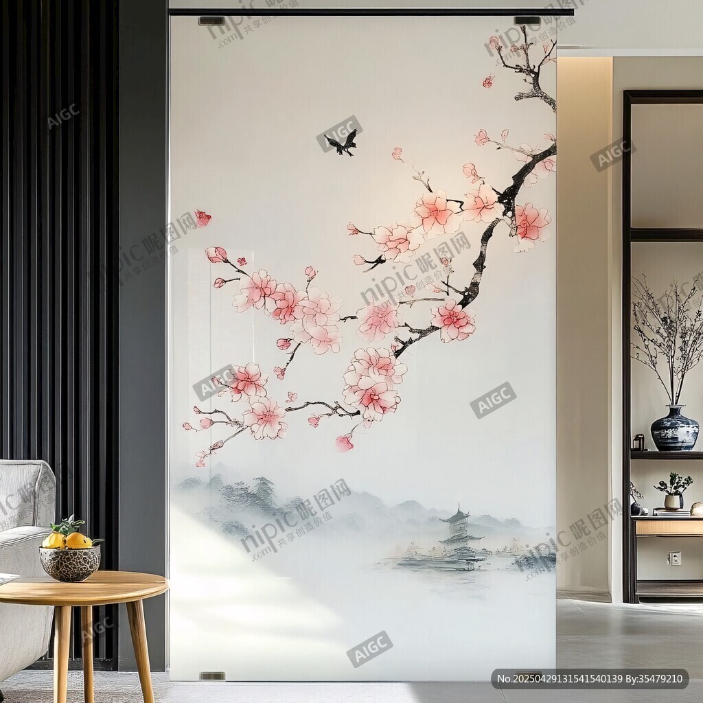 中式花鸟山水移门装饰画
