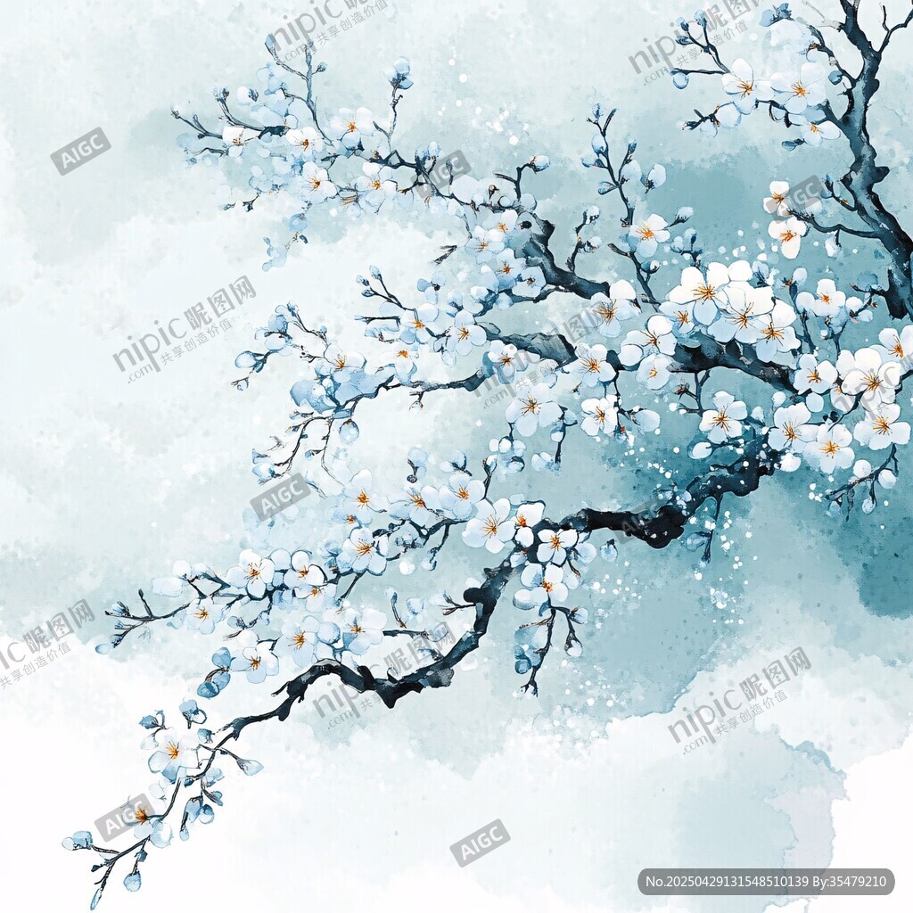 水墨风盛开的素雅花枝