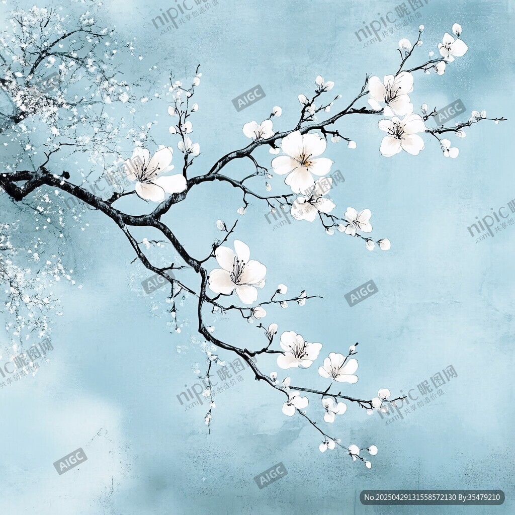 水墨风绽放的洁白花枝