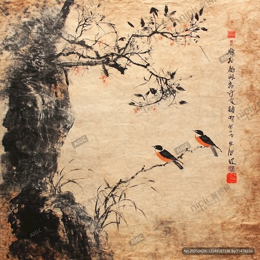 双鸟栖枝图