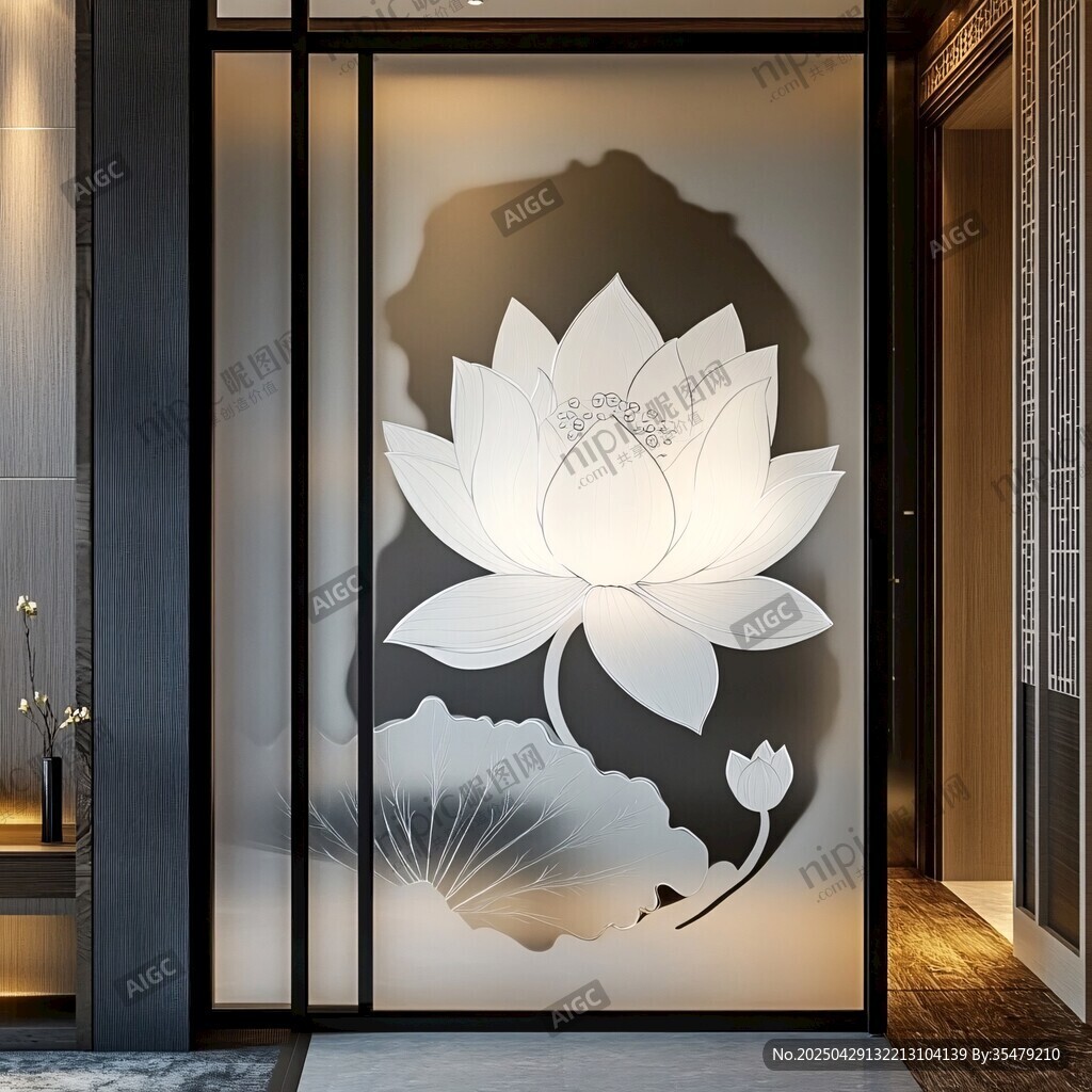 中式莲花玻璃隔断门