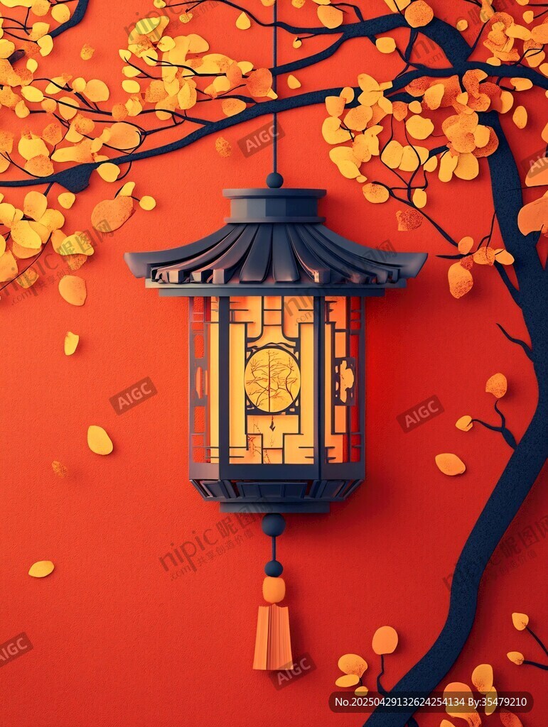 中式红灯笼挂于金秋树枝下