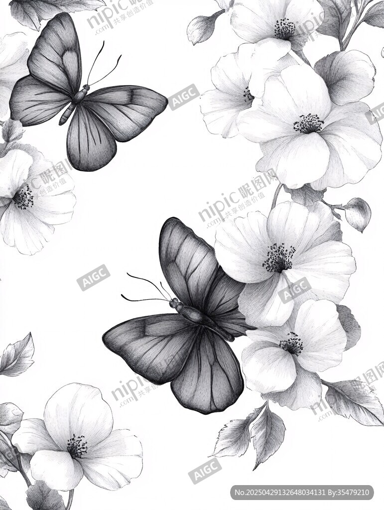 黑白花卉蝴蝶插画图案
