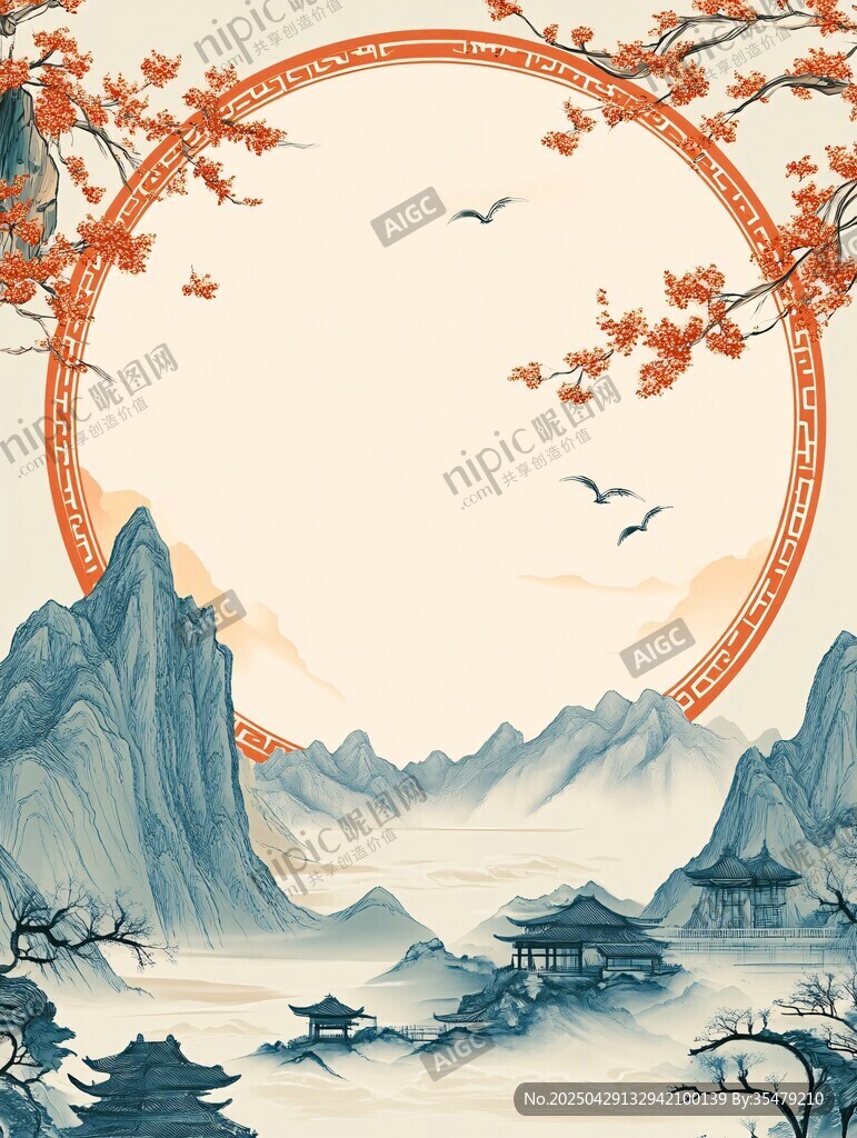 中式山水圆框古风美景