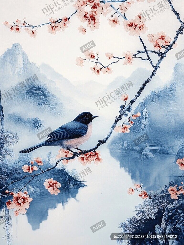 水墨花鸟山水诗意画卷